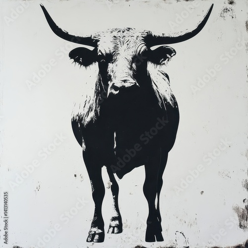 stencil artwork of a head-on bull silhouette with prominent, dramatic horns, set against a plain white backdrop to emphasize bold contrast and artistic simplicity.