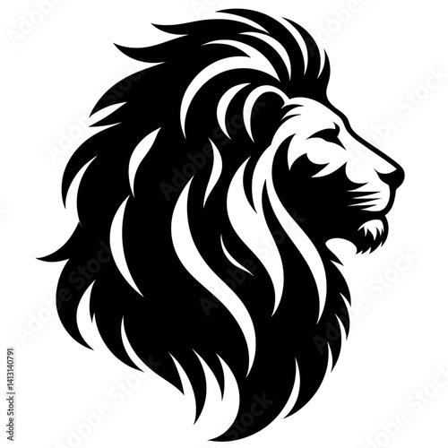 Lion Head Profile: Majestic lion head profile in a stylized black and white illustration. A powerful symbol of strength, pride, and royalty.