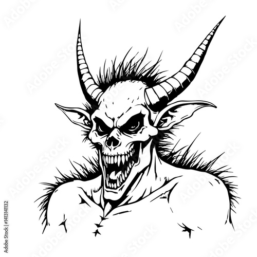 Demonic creature roaring with horns and fierce expression  