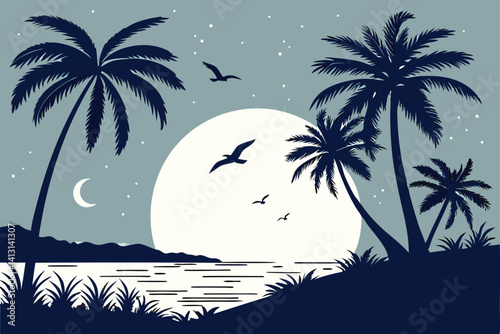 79 Tropical night scene, full moon rising over ocean, silhouettes of palm trees, starry sky, birds in flight, deep blue tones, tranquil atmosphere, beach landscape, moonlight reflection on water, mini