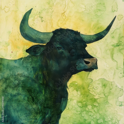 Bull silhouette, watercolor, flowing colors, green wash 