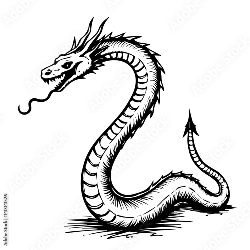 Dragon illustration in black and white style  