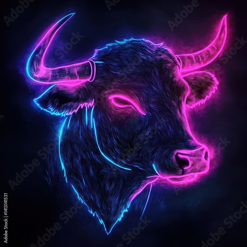Neon illustration of a glowing bull's head in vibrant hues of pink and blue, featuring curved horns, expressive eyes, and intricate ear details, set against a dark background.