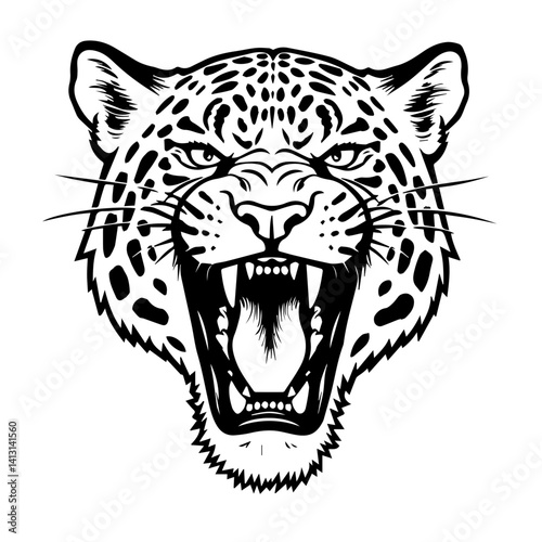 Fierce leopard roaring in monochrome illustration  
