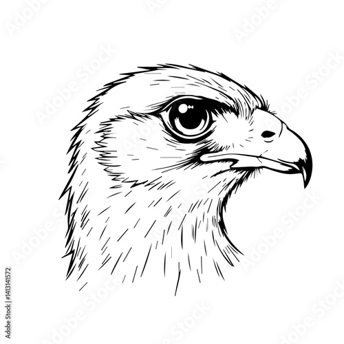 Falcon head illustration showing fierce gaze in black and white  