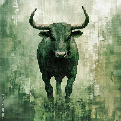 Pixelated representation of a powerful bull with upward-curving horns, facing forward, surrounded by abstract shades of green and white, creating a modern and textured digital aesthetic.