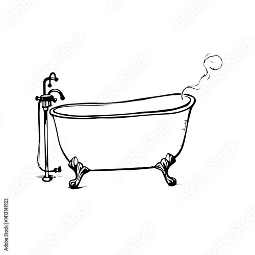 Vintage bathtub with steam rising in minimalist style  