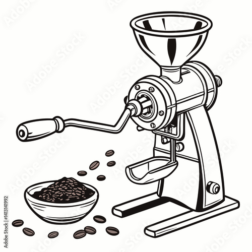 Vintage Manual Coffee Grinder Illustration With Coffee Beans And Ground Coffee
