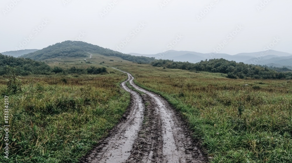 Naklejka premium Misty road leading through serene landscape peaceful nature photography for travel and adventure