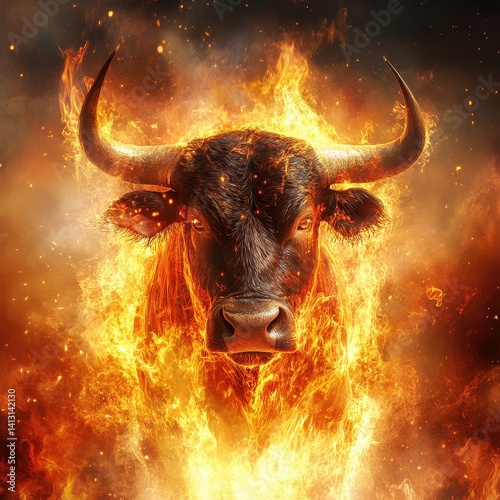 Fiery depiction of a horned creature emerging from intense flames and sparks, partially obscured by a central blur, evoking mystery and dramatic tension in a vivid setting.