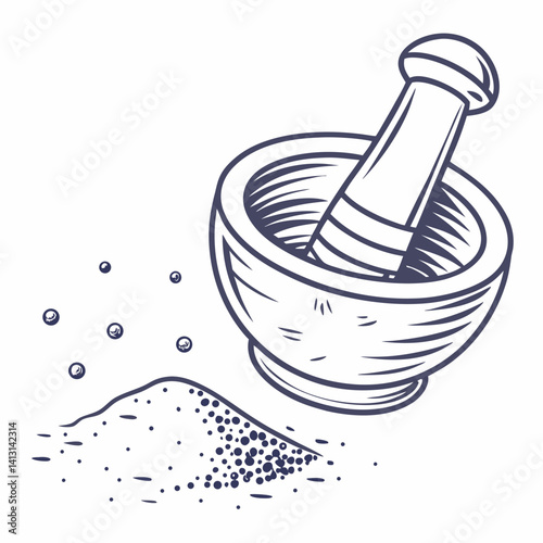Mortar And Pestle Grinding Spices Herbs Minimalist Vector Illustration Design