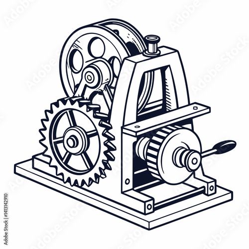 Black And White Illustration Of A Vintage Hand Winch Machine With Gears