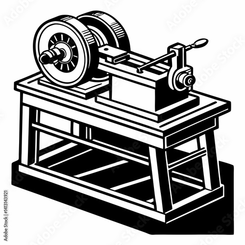 Antique Industrial Lathe Machine Black And White Vector Illustration