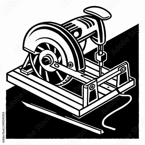 Artistic Black And White Illustration Of A Miter Saw For Woodworking Projects