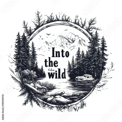 Camping Adventure Emblem with Nature Icons – Vintage Wilderness Badge Featuring Hiking, Survival Elements, Mountains, Trees, and Outdoor Gear Design for Scouts and Explorers