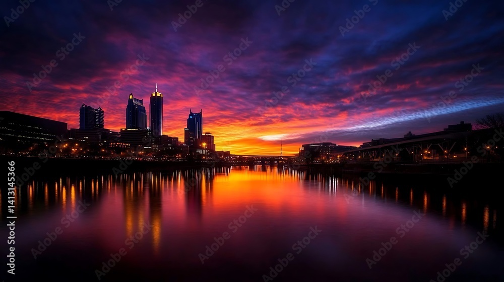 Fototapeta premium Vibrant sunset over a city skyline reflected in calm waters.