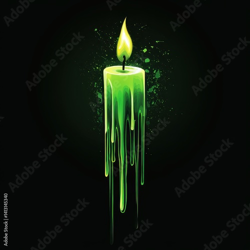 A green candle with a bright flame, melting and dripping vibrant green wax onto a dark surface, creating a striking and artistic visual contrast