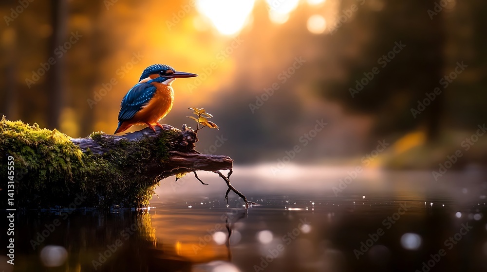 Kingfisher perched on a log at sunrise. Kingfisher perched on a log at sunrise.