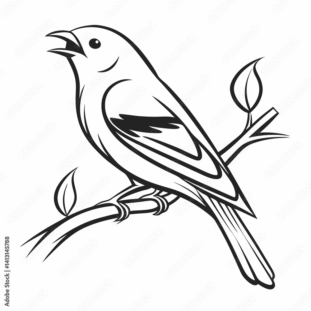 Vector Illustration Of A Bird Singing On A Branch In Black And White Style Vector Illustration Of A Bird Singing On A Branch In Black And White Style