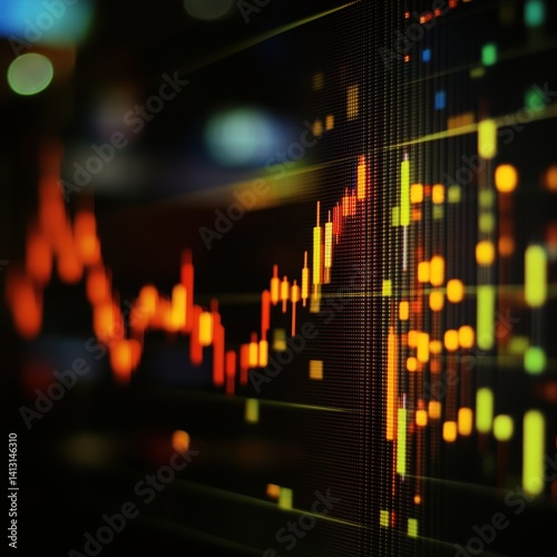 Financial candlestick chart with orange and yellow price indicators, featuring data points and grid lines over a dark background, ideal for analyzing market trends and price fluctuations.