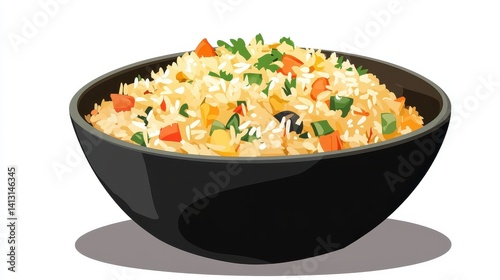 Fresh and Colorful Vegetable Rice in an Elegant Black Bowl with Herbs