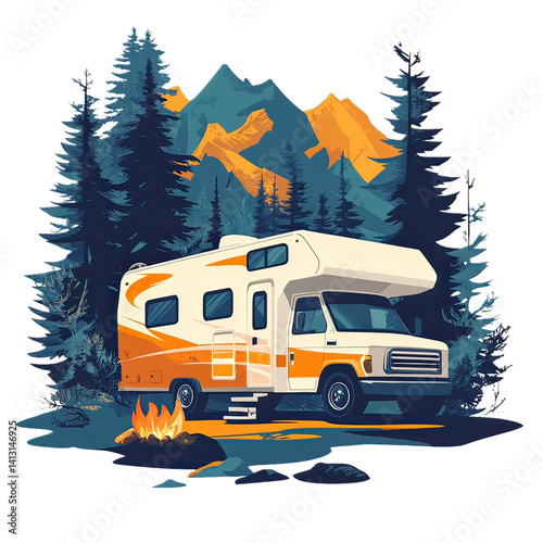 Camping Adventure Emblem with Nature Icons – Vintage Wilderness Badge Featuring Hiking, Survival Elements, Mountains, Trees, and Outdoor Gear Design for Scouts and Explorers