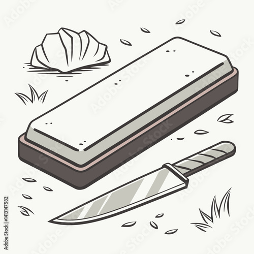 Knife Sharpening Illustration With Whetstone And Stone For Culinary Tasks