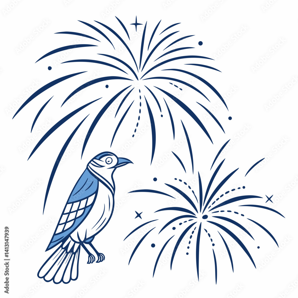 Obraz premium Simple Illustration Of A Blue Jay With Fireworks For Festive Celebrations