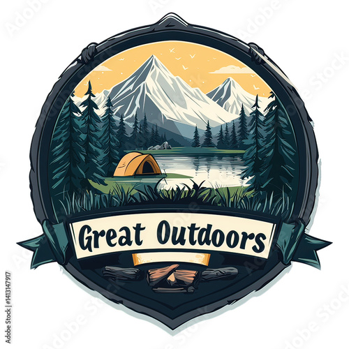 Camping Adventure Emblem with Nature Icons – Vintage Wilderness Badge Featuring Hiking, Survival Elements, Mountains, Trees, and Outdoor Gear Design for Scouts and Explorers