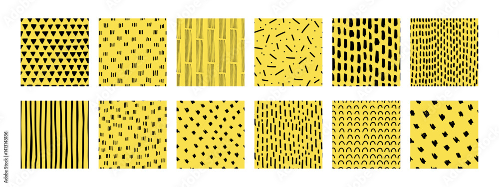 Small dash seamless pattern collection. Set of hand-drawn abstract textures with lines, shapes, and dots on yellow background. Ideal for fabric, packaging, backgrounds, and branding design