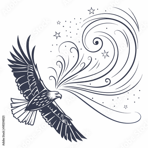 Majestic Eagle Flight With Stars And Swirls In Elegant Graphic Style