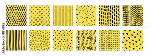 Obraz na płótnie Small dash seamless pattern collection. Set of hand-drawn abstract textures with lines, shapes, and dots on yellow background. Ideal for fabric, packaging, backgrounds, and branding design w salonie