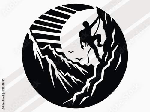 Mountain Climber Black Silhouette Design with Backpack and Sun Background Perfect for Hiking Gear Logos Adventure Posters and Outdoor Enthusiast Brands