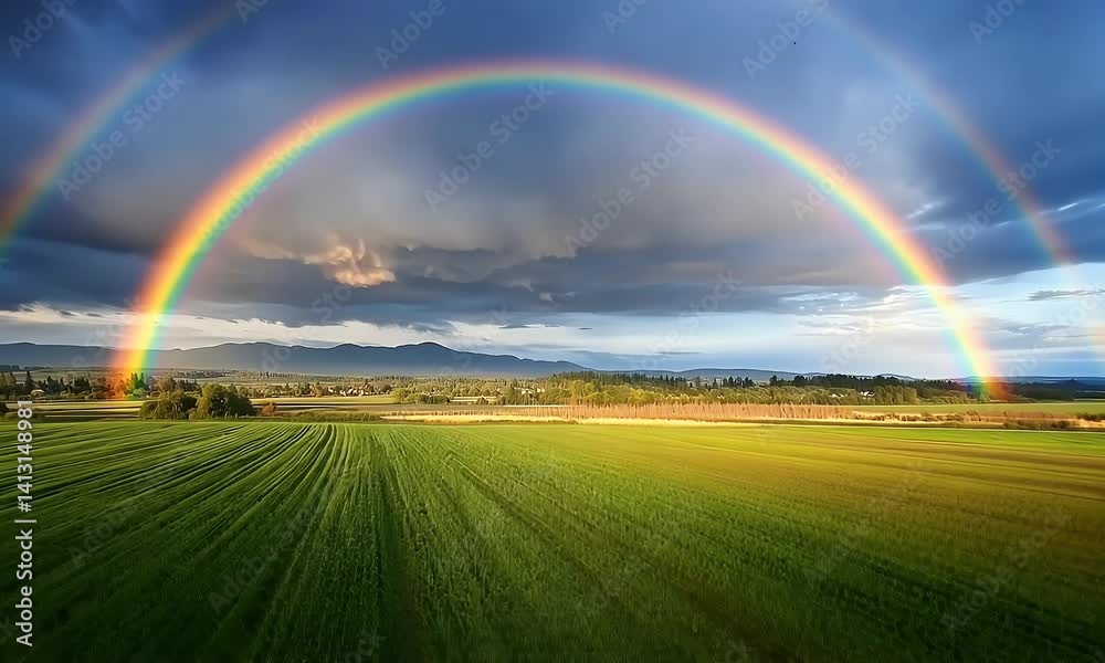 A vibrant rainbow arcs across a dramatic sky above rolling green fields.