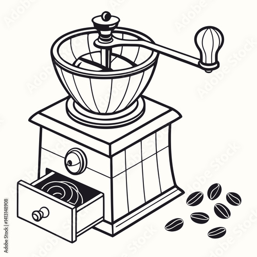Detailed Line Art Illustration Of A Classic Manual Coffee Grinder With Beans