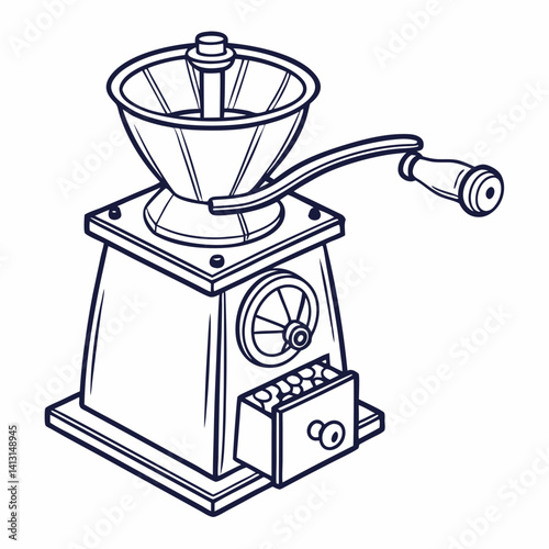 Hand Coffee Grinder Line Art Isometric Perspective Style Simple Design