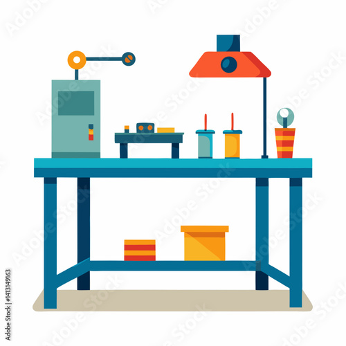 Flat Vector Illustration Of A Workbench With Tools And Equipment Inside The Workshop