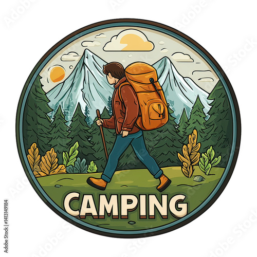 Camping Adventure Emblem with Nature Icons – Vintage Wilderness Badge Featuring Hiking, Survival Elements, Mountains, Trees, and Outdoor Gear Design for Scouts and Explorers