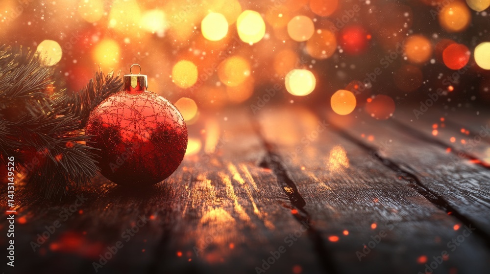 Sparkling Christmas Ornament with Pine Branch and Bokeh Background