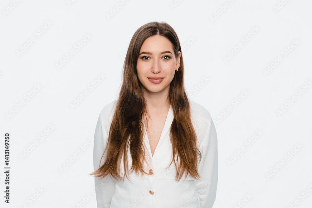 Photo of young cheerful woman girl manager student in casual clothes happy positive smile dream look at camera empty space isolated over white color background Photo of young cheerful woman girl manager student in casual clothes happy positive smile dream look at camera empty space isolated over white color background