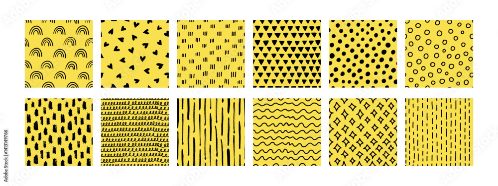 Small dash seamless pattern collection. Hand-drawn abstract textures with dashes, dots, stripes, and geometric elements on yellow background. Perfect for fabric, wrapping paper, wallpaper, textile
