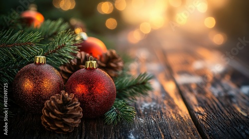Sparkling Christmas Ornaments and Pinecones on Rustic Wooden Surface