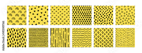 Obraz na płótnie Small dash seamless pattern collection. Hand-drawn abstract textures with dashes, dots, stripes, and geometric elements on yellow background. Perfect for fabric, wrapping paper, wallpaper, textile w salonie