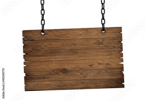 Rustic Wooden Hanging Signboard - Blank brown wooden signboard hanging from chains, ideal for adding text or images. Perfect for rustic designs