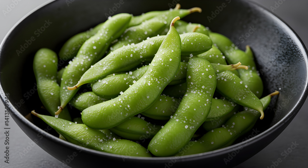 Bowl Of Freshly Steamed Edamame Sprinkled Generously With Sea Salt Crystals Bowl Of Freshly Steamed Edamame Sprinkled Generously With Sea Salt Crystals