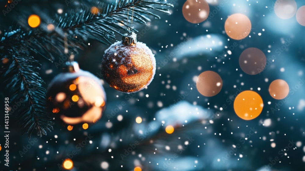 Sparkling Christmas Ornaments with Snowfall and Bokeh Background