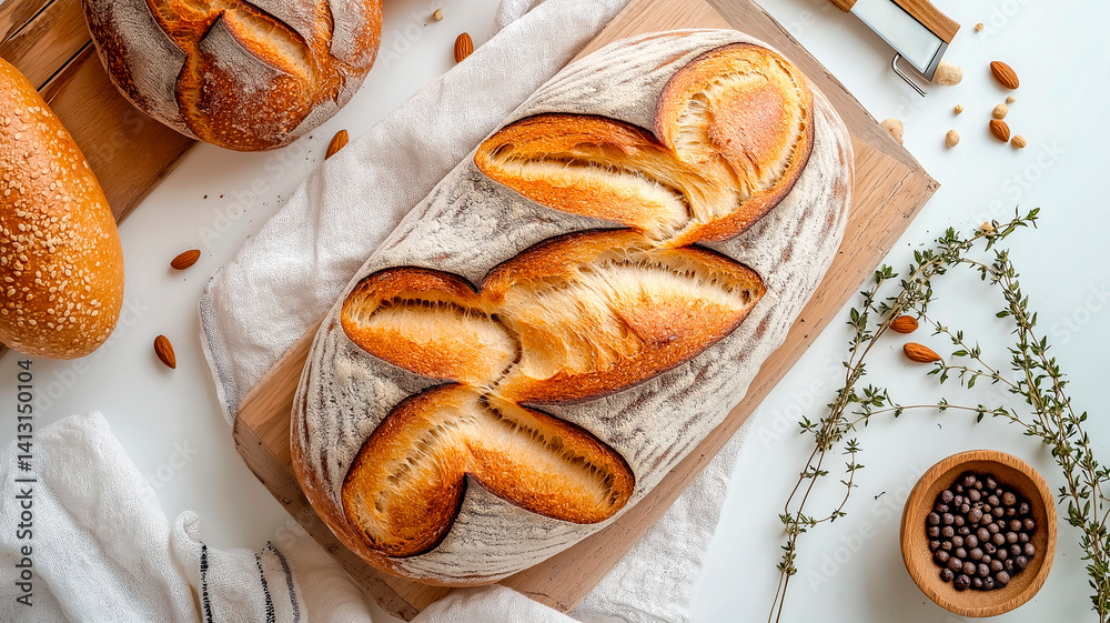 A rustic still life featuring several loaves of freshly baked sourdough bread in a wicker basket, accompanied by wheat stalks and draped with linen fabric, against a textured gray background, evoking