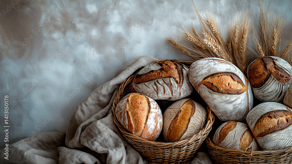 A rustic still life featuring several loaves of freshly baked sourdough bread in a wicker basket, accompanied by wheat stalks and draped with linen fabric, against a textured gray background, evoking