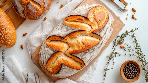Obraz na płótnie A rustic still life featuring several loaves of freshly baked sourdough bread in a wicker basket, accompanied by wheat stalks and draped with linen fabric, against a textured gray background, evoking w salonie