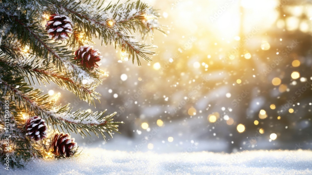 Sparkling Christmas Tree with Pinecones in Soft Winter Sunlight